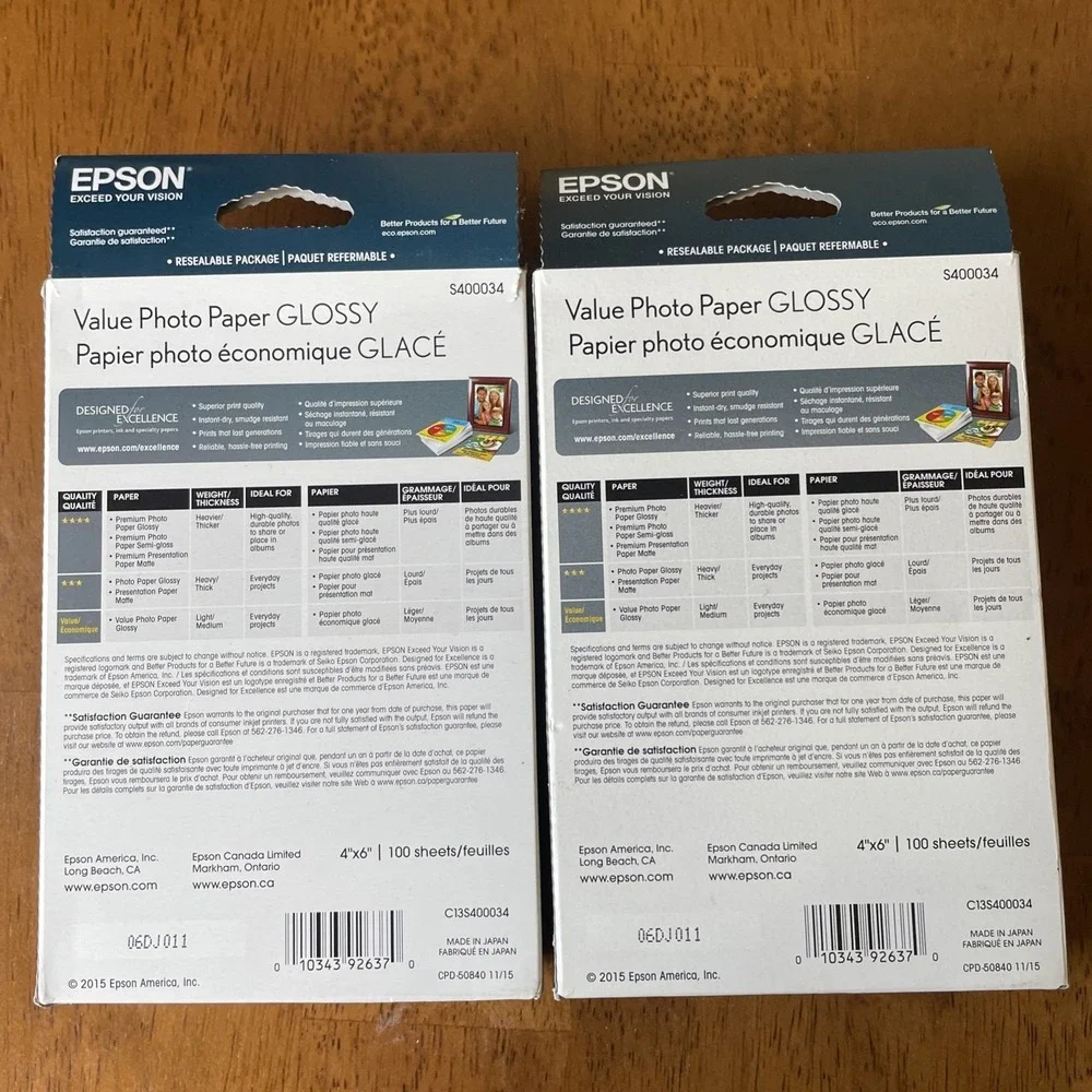 2 - Epson Value Photo Paper 4x6 100 Sheets Glossy for‎ Inkjet Printers- NEW